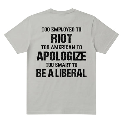  light grey t-shirt with black distressed text on the back featuring political slogan design