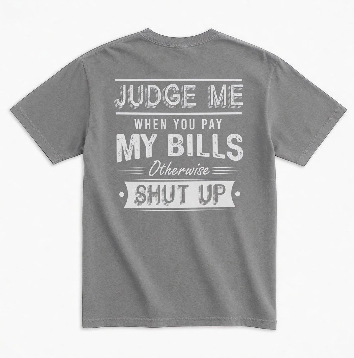  unisex garment-dyed grey cotton t-shirt with distressed white typography print on the back