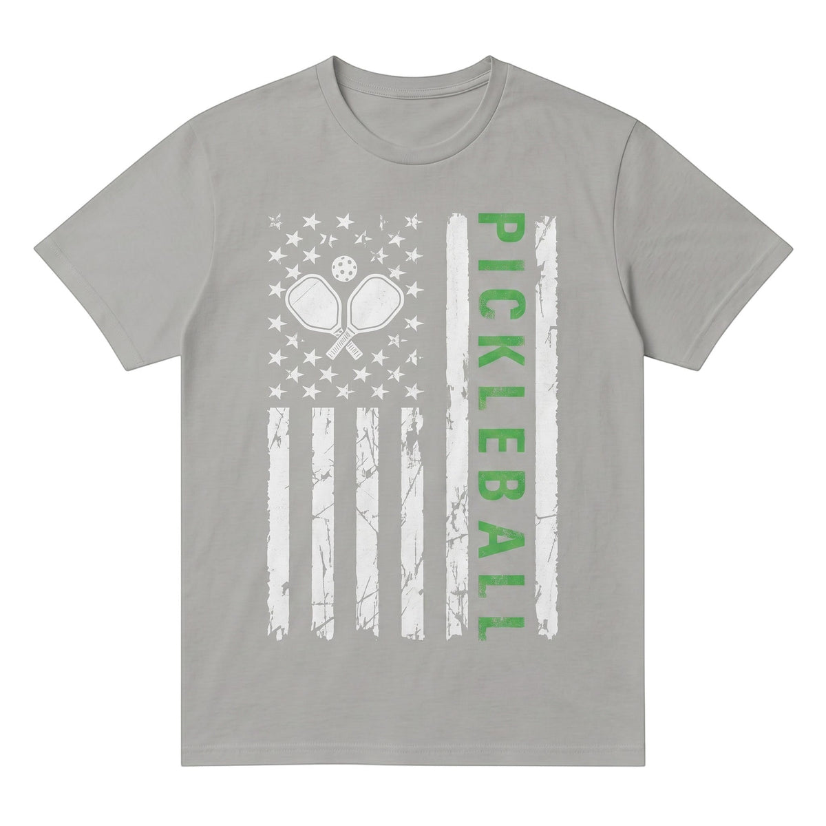  grey cotton pickleball t-shirt with distressed American flag and pickleball paddle graphic print.
