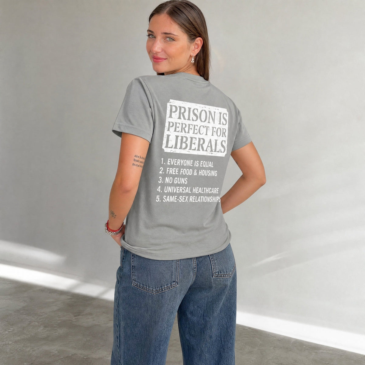  grey unisex cotton t-shirt with back graphic print featuring political satire list text