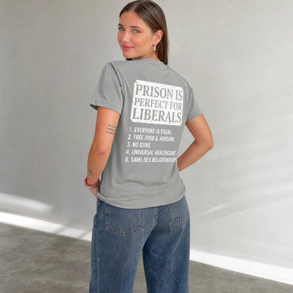  grey unisex cotton t-shirt with back graphic print featuring political satire list text