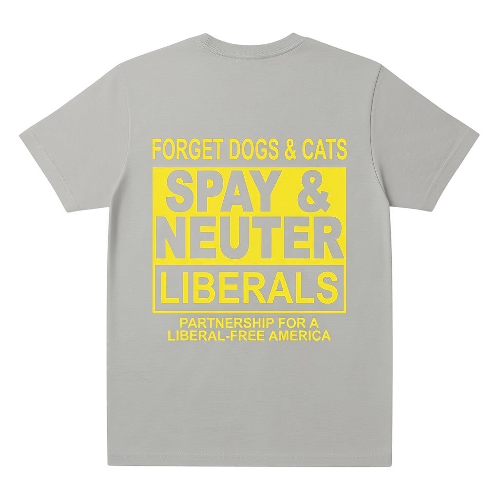  grey streetwear t-shirt with a bold yellow graphic print on the back featuring political satire text.