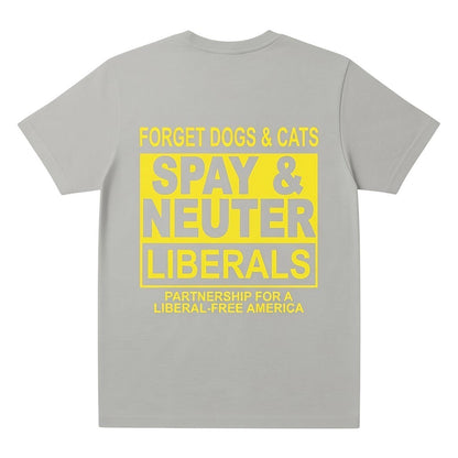  grey streetwear t-shirt with a bold yellow graphic print on the back featuring political satire text.
