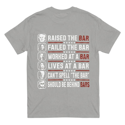  grey 100% cotton t-shirt featuring a political Raised The Bar graphic print on the back