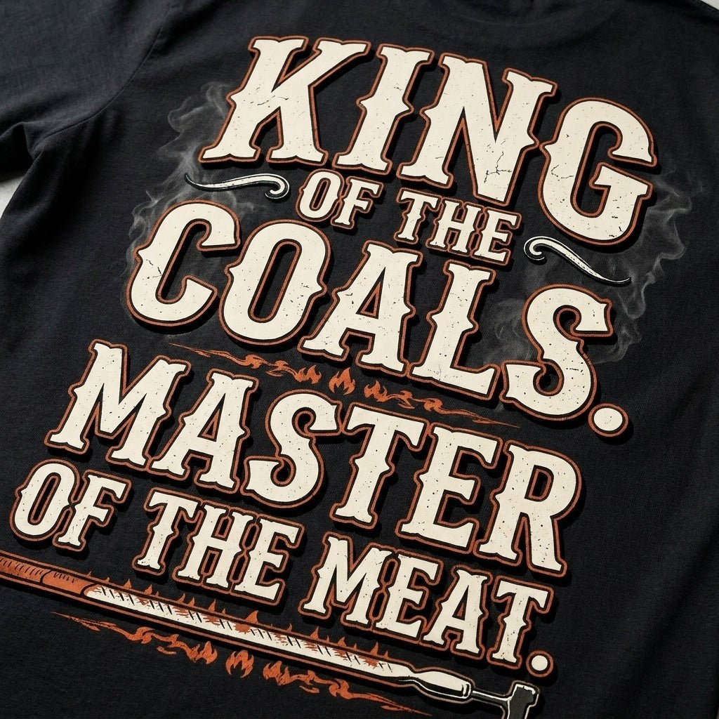  black cotton t-shirt with King of the Coals Master of the Meat graphic print for grill enthusiasts.