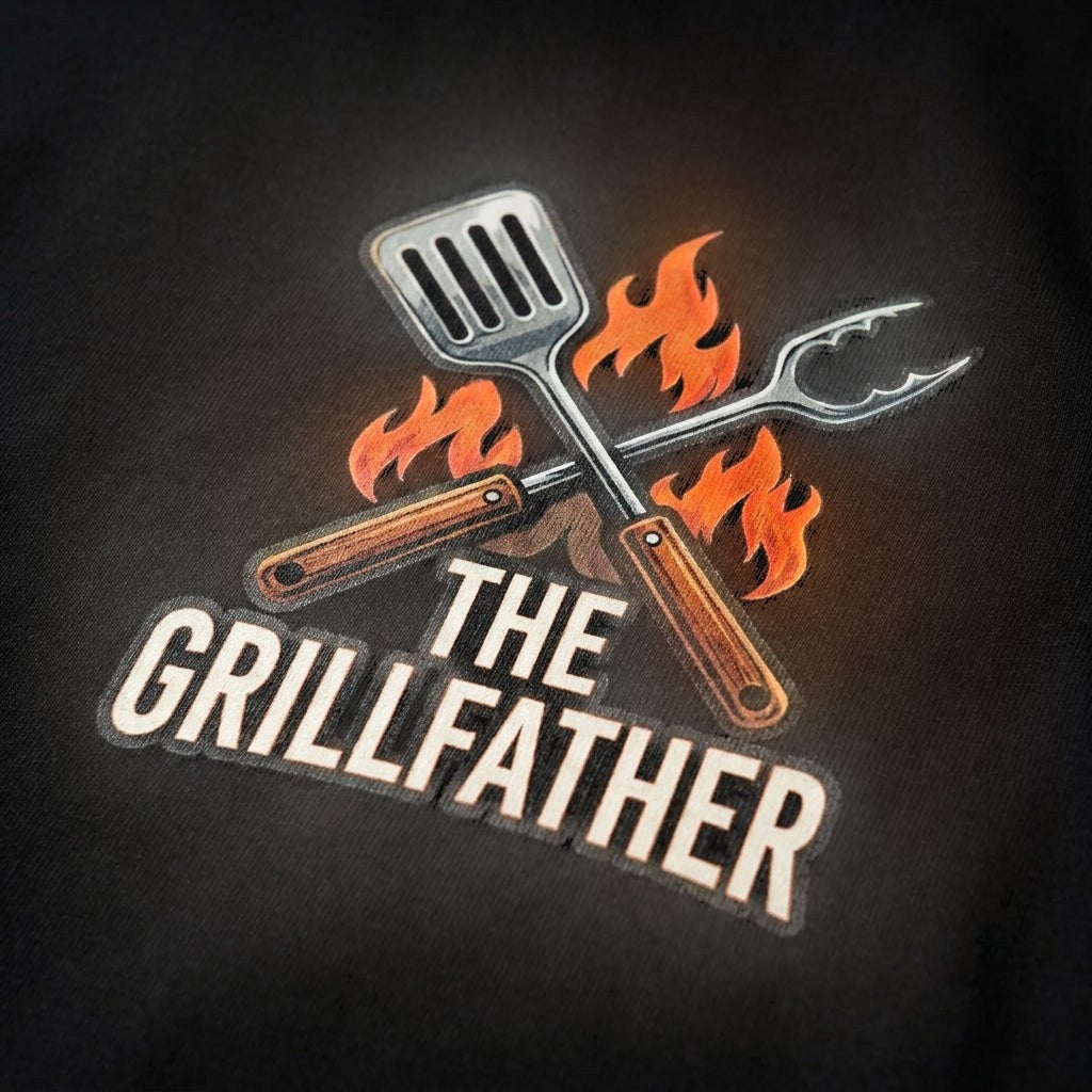  black cotton t-shirt featuring The Grillfather graphic with crossed spatula and tongs over flames