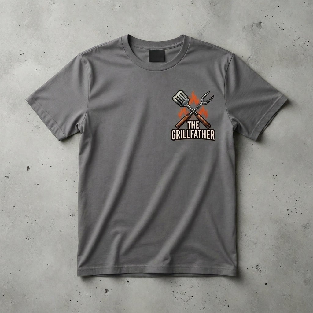 grey cotton crew neck t-shirt featuring a The Grillfather spatula and fork graphic on the chest