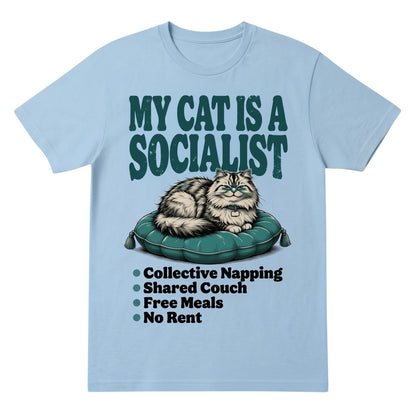  light blue cotton graphic tee featuring a cat illustration and My Cat Is a Socialist text design.