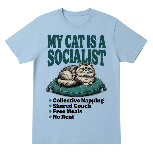  light blue cotton graphic tee featuring a cat illustration and My Cat Is a Socialist text design.