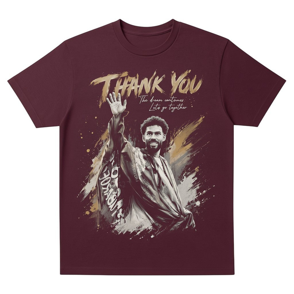  maroon unisex tee featuring a graphic of a goalkeeper waving goodbye with Thank You text.