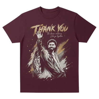  maroon unisex tee featuring a graphic of a goalkeeper waving goodbye with Thank You text.