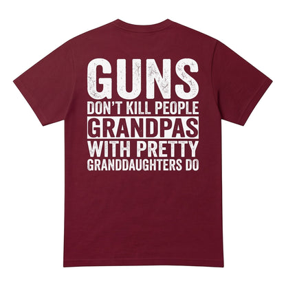  maroon cotton t-shirt with white distressed text print on the back featuring a funny grandpa quote.