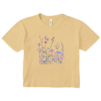  women's mustard yellow micro rib t-shirt featuring a delicate wildflower and butterfly graphic print.