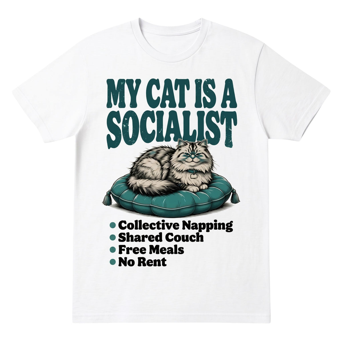  white cotton graphic tee featuring a cat on a teal cushion with the text My Cat Is a Socialist