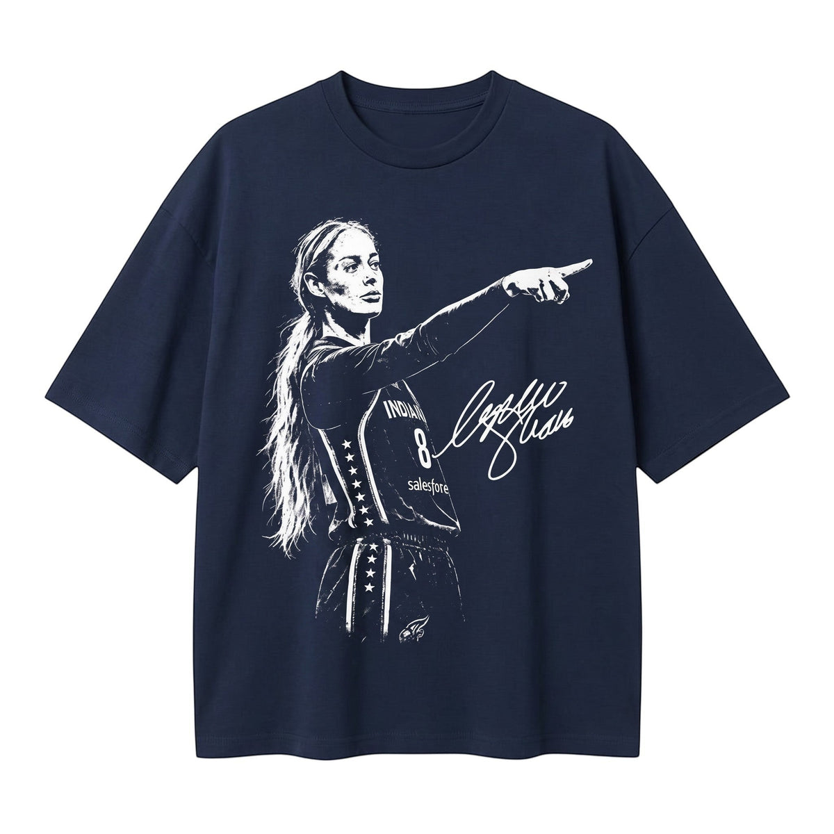  navy blue cotton t-shirt featuring a graphic illustration of a basketball player pointing