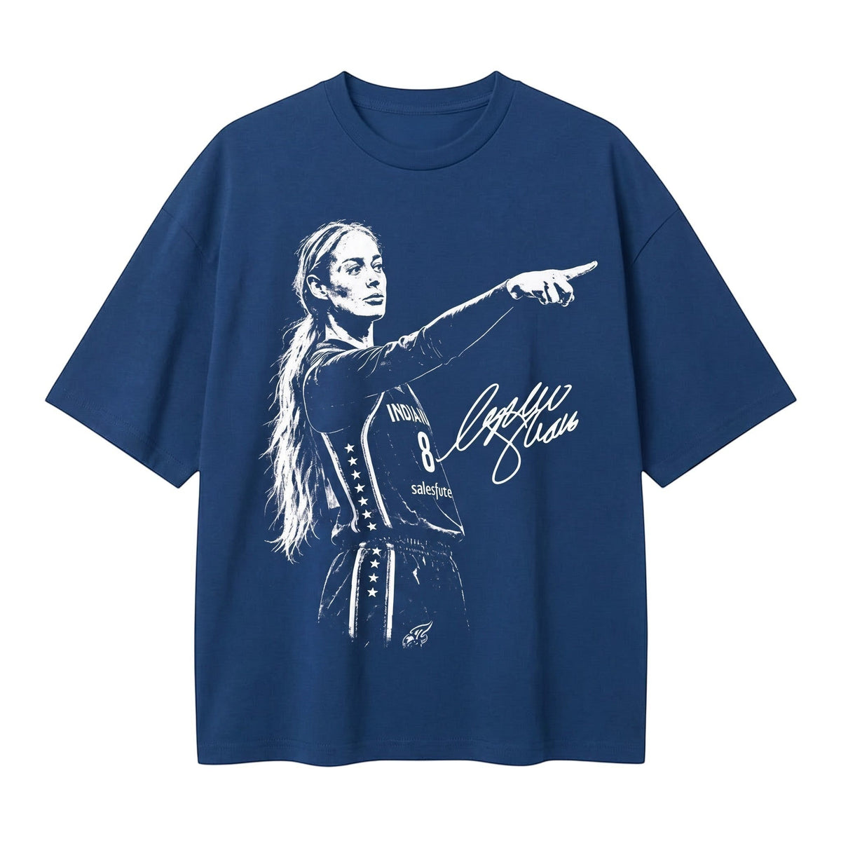  navy blue cotton t-shirt featuring a white graphic print of a female basketball player pointing.