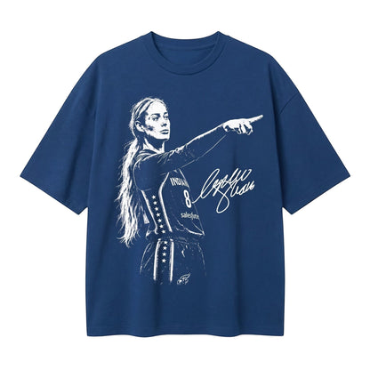  navy blue cotton t-shirt featuring a white graphic print of a female basketball player pointing.