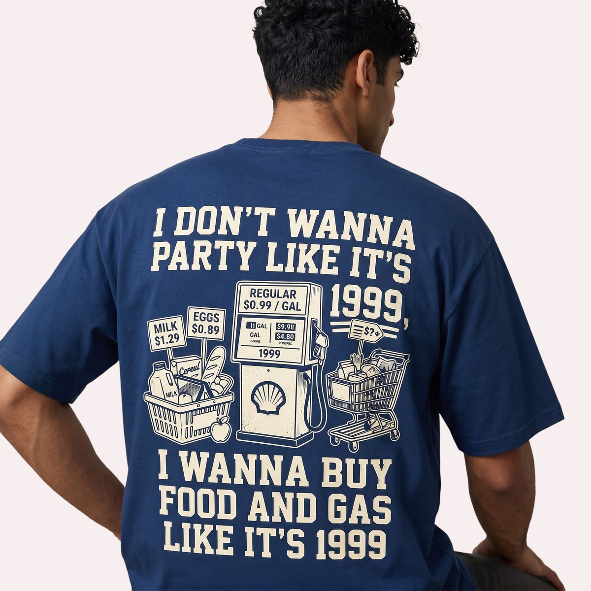  navy blue t-shirt with back graphic featuring 1999 gas prices and grocery shopping illustration