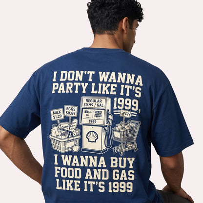  navy blue t-shirt with back graphic featuring 1999 gas prices and grocery shopping illustration
