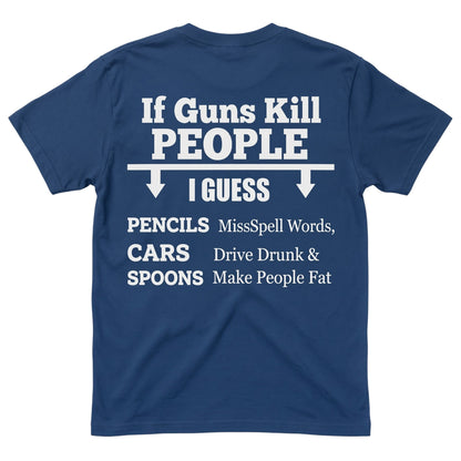  navy blue cotton unisex t-shirt with white satirical typographic graphic on the back