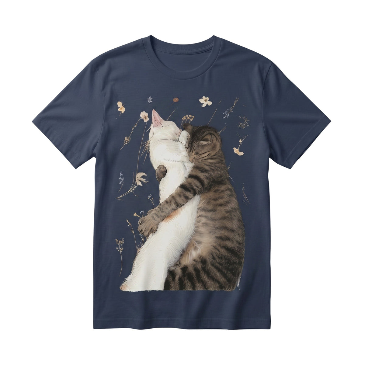 navy blue 100% cotton t-shirt featuring a graphic illustration of two cats hugging among wildflowers.
