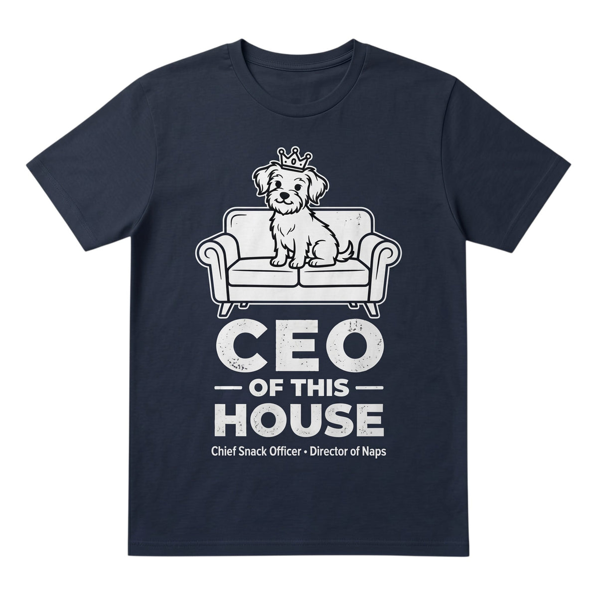  navy blue unisex cotton t-shirt featuring a dog wearing a crown on a couch with CEO of this House text