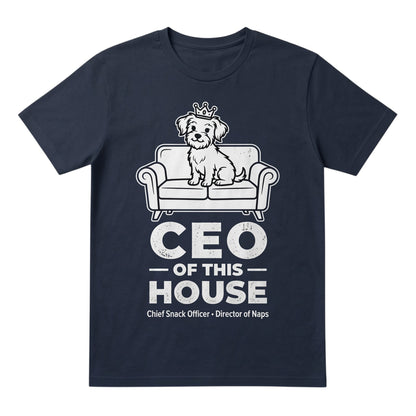  navy blue unisex cotton t-shirt featuring a dog wearing a crown on a couch with CEO of this House text