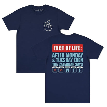  navy heavyweight cotton t-shirt with middle finger graphic on front and funny calendar text on back.