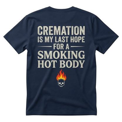  navy blue unisex cotton t-shirt with a dark humor graphic print of a skull and flame on the back.