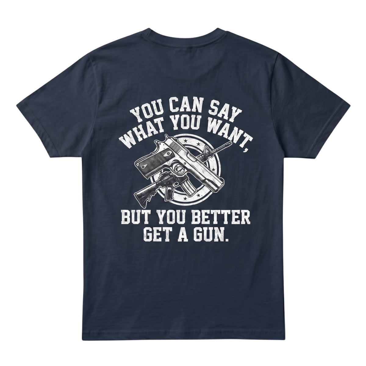  navy blue cotton t-shirt featuring a white graphic print of crossed firearms and bold text on the back