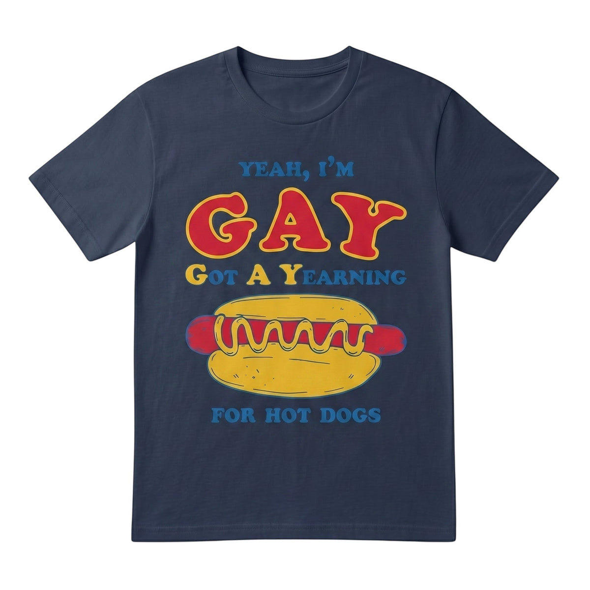  navy blue 100% cotton t-shirt with a humorous graphic print about hot dogs and retro typography.