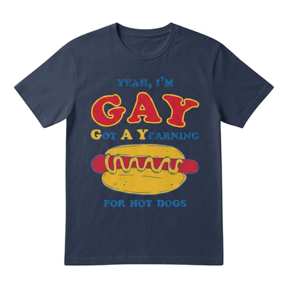  navy blue 100% cotton t-shirt with a humorous graphic print about hot dogs and retro typography.