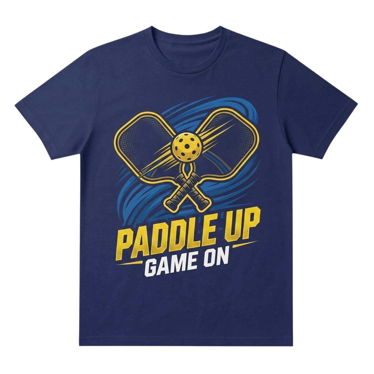  navy blue unisex cotton t-shirt featuring a yellow pickleball paddle and ball graphic with text.