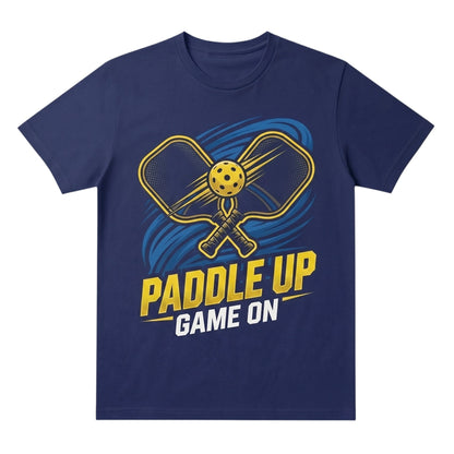  navy blue unisex cotton t-shirt featuring a yellow pickleball paddle and ball graphic with text.
