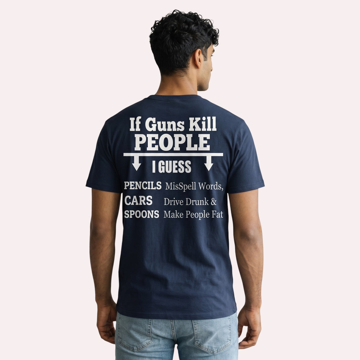  unisex navy blue cotton t-shirt with white typographic political satire graphic on the back