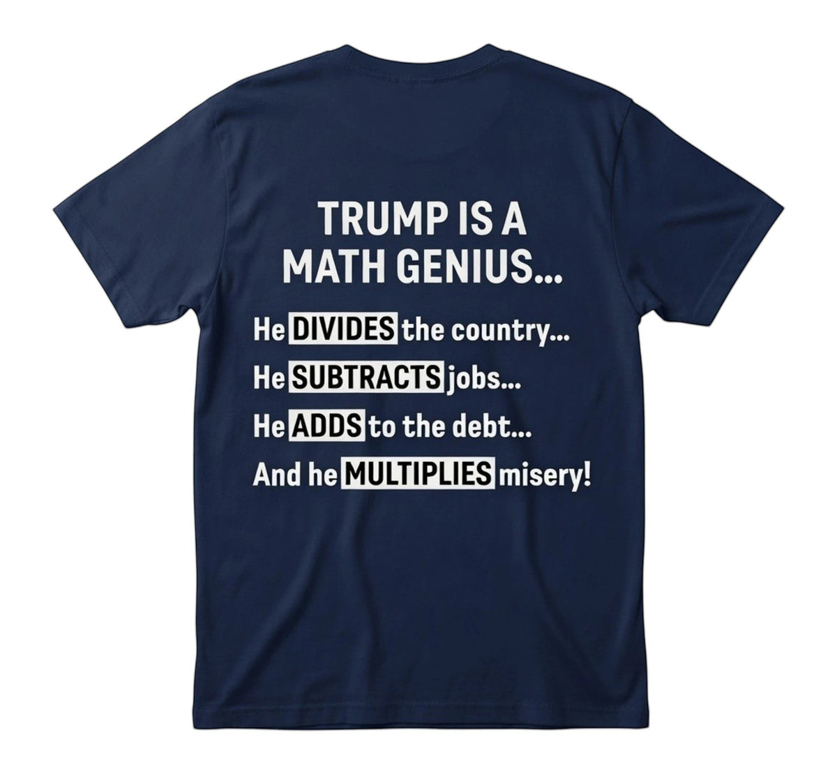  navy blue unisex t-shirt featuring bold white text about political math and social commentary.