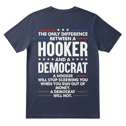  navy blue cotton graphic tee featuring distressed red, white, and blue political satire typography.