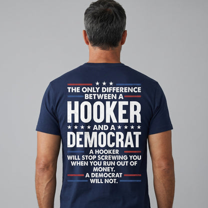  navy blue cotton graphic t-shirt with distressed red, white, and blue political satire typography.
