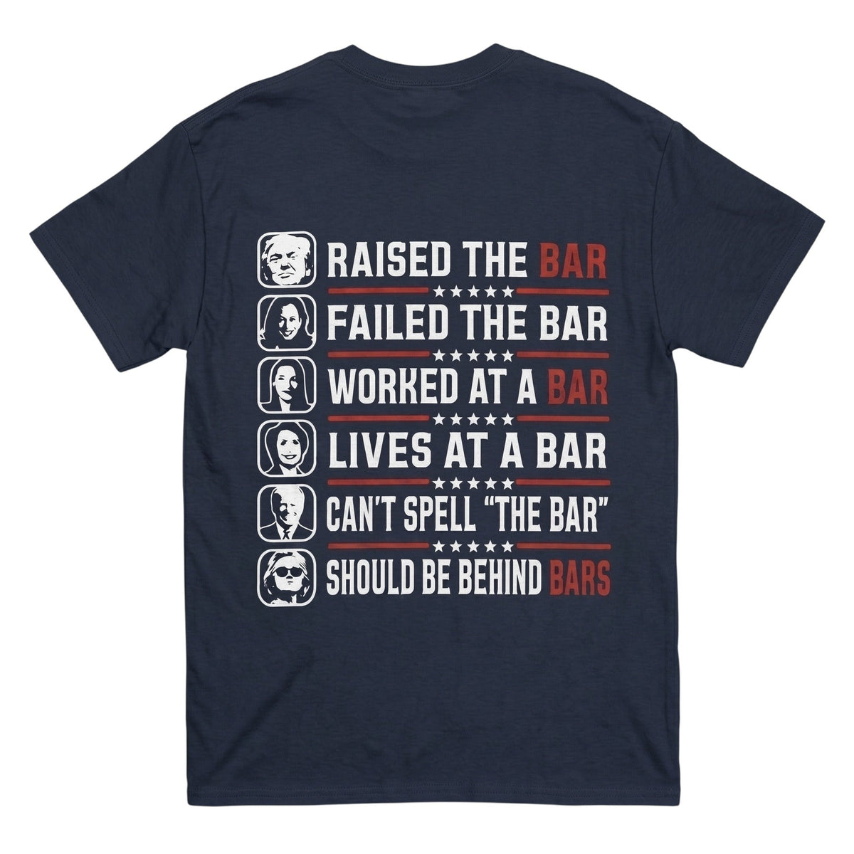  navy blue 100% cotton t-shirt featuring a back print with political satire text and portraits.