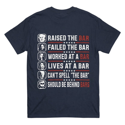  navy blue 100% cotton t-shirt featuring a back print with political satire text and portraits.