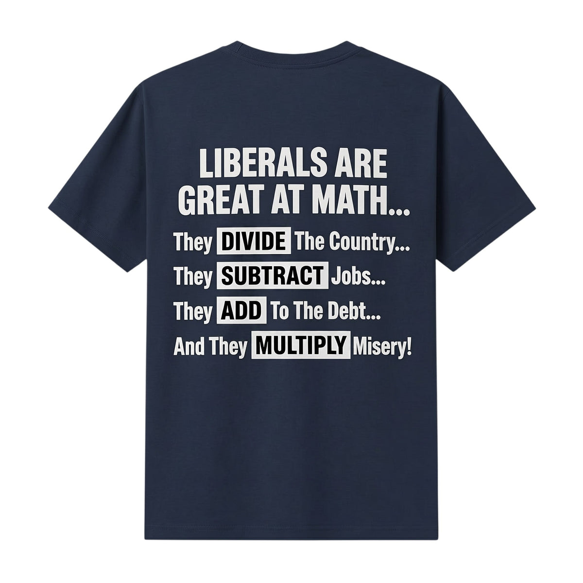  navy blue t-shirt featuring white text about political math jokes on the back.