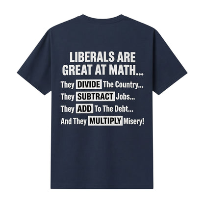  navy blue t-shirt featuring white text about political math jokes on the back.