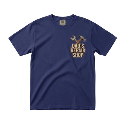  navy blue cotton short sleeve t-shirt with a Dad's Repair Shop graphic featuring a hammer and wrench.