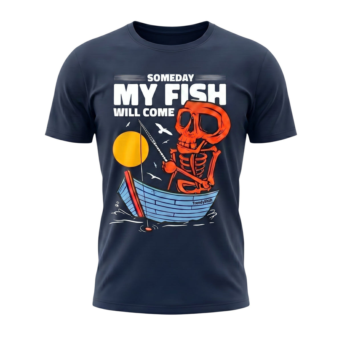  navy blue cotton unisex t-shirt featuring a graphic of a skeleton fishing in a boat at sunset.