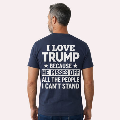  navy blue unisex t-shirt with white back print featuring political text and star accents