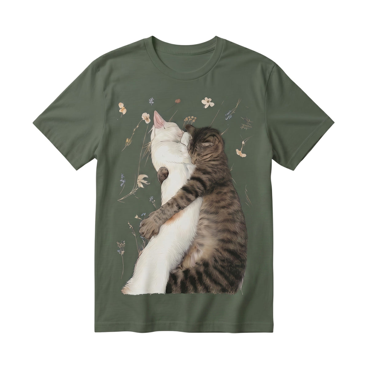  olive green 100% cotton t-shirt featuring a graphic of two cats hugging amidst delicate wildflowers.