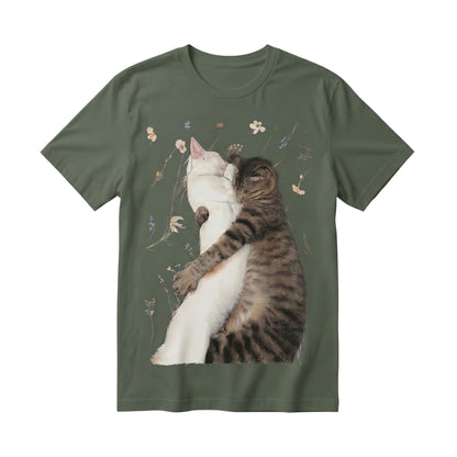  olive green 100% cotton t-shirt featuring a graphic of two cats hugging amidst delicate wildflowers.