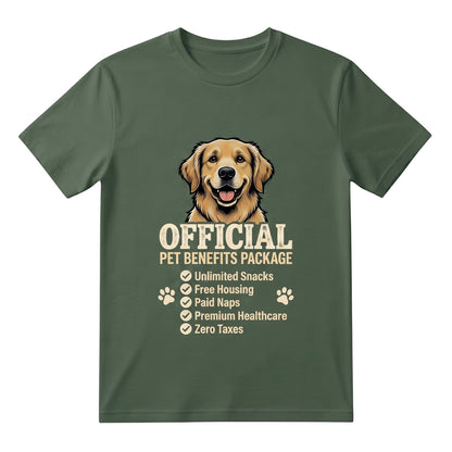  olive green unisex cotton t-shirt featuring a golden retriever and Official Pet Benefits Package graphic.