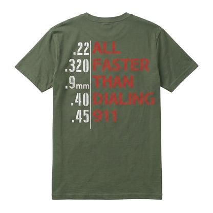  olive green unisex t-shirt with red and white graphic print on the back featuring firearm calibers