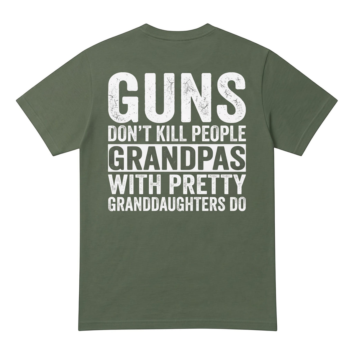  olive green heavy cotton t-shirt with white distressed text print on the back
